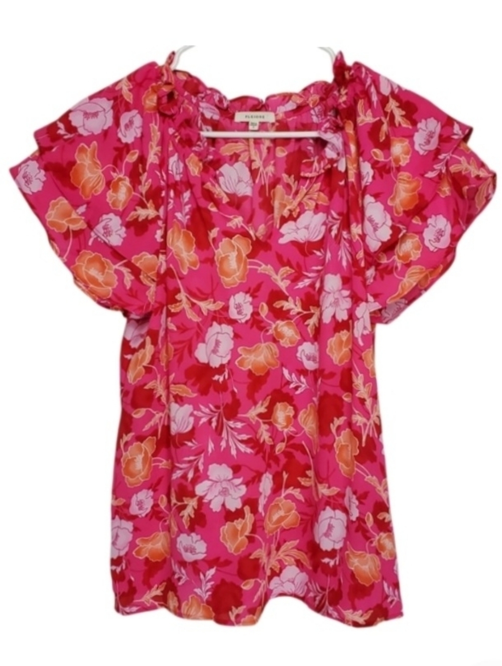 2453 * Pleione Pink Floral Ruffle V Neck Tiered Sleeve Blouse Size S